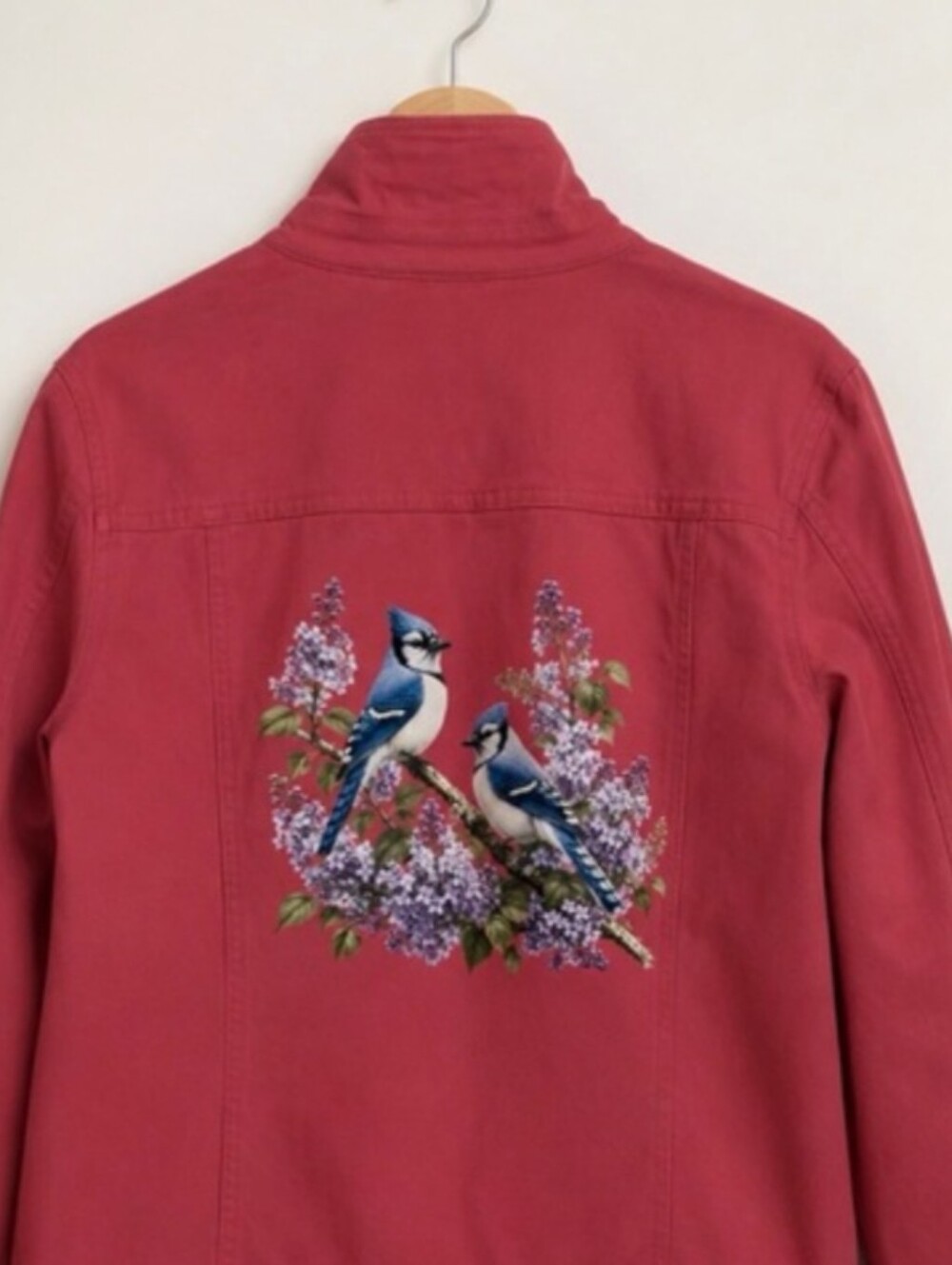 Blue Jay & Lilacs | Rich Pink | Denim & Co. | Oversized Large | Upcycled Jacket